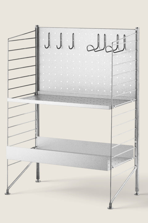 Bolina String System outdoor galvanized steel back panel with hooks for modular shelving unit