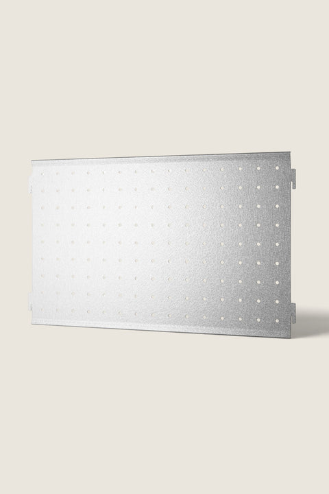 Bolina String System galvanized steel back panel for outdoor shelving, 58x36 cm with perforated design.