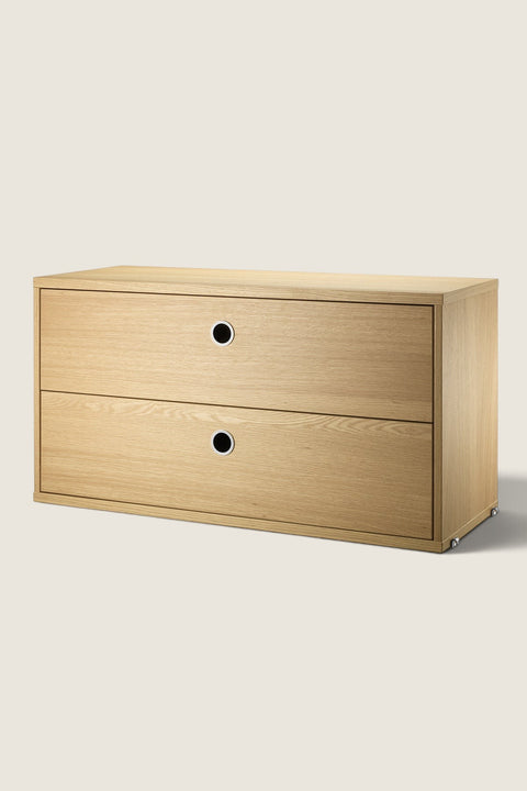 Bolina String System oak veneer drawer unit with two drawers and circular metal pulls for modular shelving