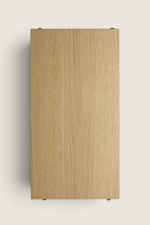 Bolina String System oak veneer shelf board, 58x30 cm, featuring a clear lacquered finish for modular shelving.