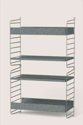 Bolina String System Outdoor C wall-mounted shelving unit in galvanized metal with high and low edge shelves.