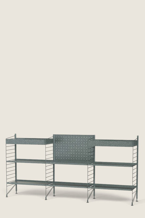 Bolina String System Outdoor M freestanding galvanized metal shelving unit with high and low edge shelves