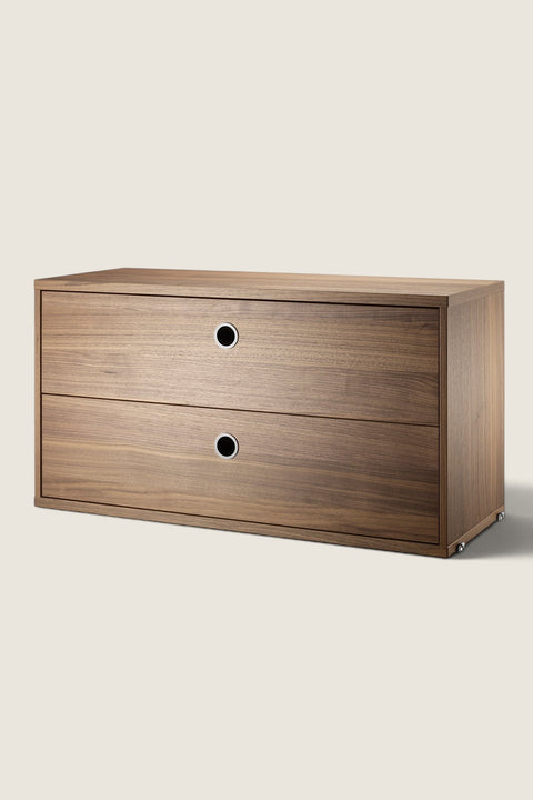 Bolina String System walnut veneer drawer unit with two drawers and circular metal pulls for modular shelving