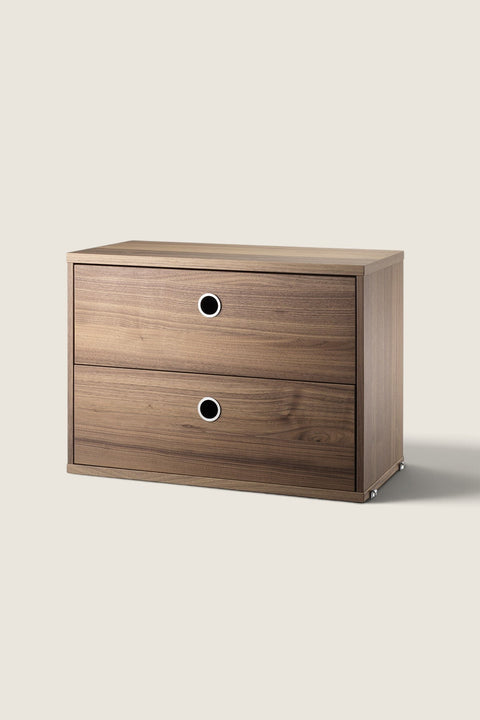 Bolina String System walnut veneer drawer unit with two drawers and circular silver pulls for modular shelving