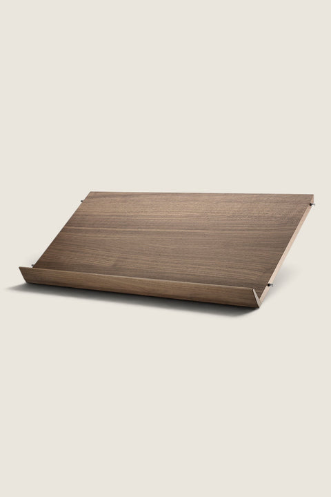 Bolina String System walnut veneer magazine shelf for 30cm deep panels, 78cm wide display ledge.