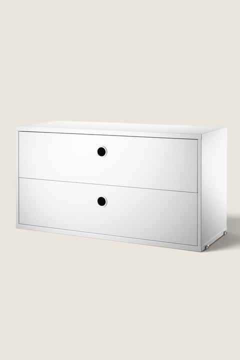 Bolina white String System drawer unit with two drawers made of lacquered MDF for modular wall shelving storage.