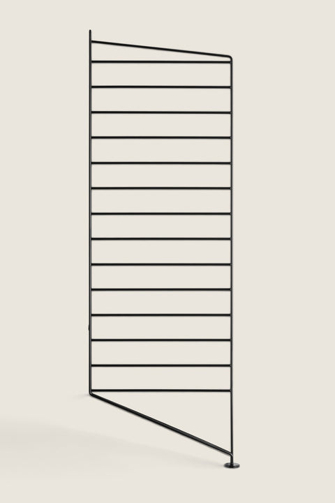 Bolina String Systems floor panel in black powder-coated steel, 85cm high and 30cm deep for modular shelving.