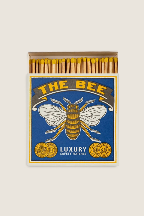 Bolina decorative matchbox featuring a vintage bee illustration, letterpress printed with yellow-tipped safety matches.