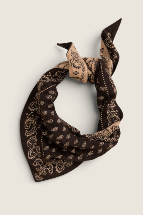 Bolina The Wild Rag cashmere scarf in burnt cocoa and dune with a classic bandana paisley pattern.