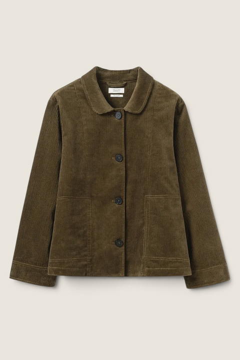 Bolina TOAST bronze green organic cotton corduroy jacket with a rounded collar, button front, and front pockets.