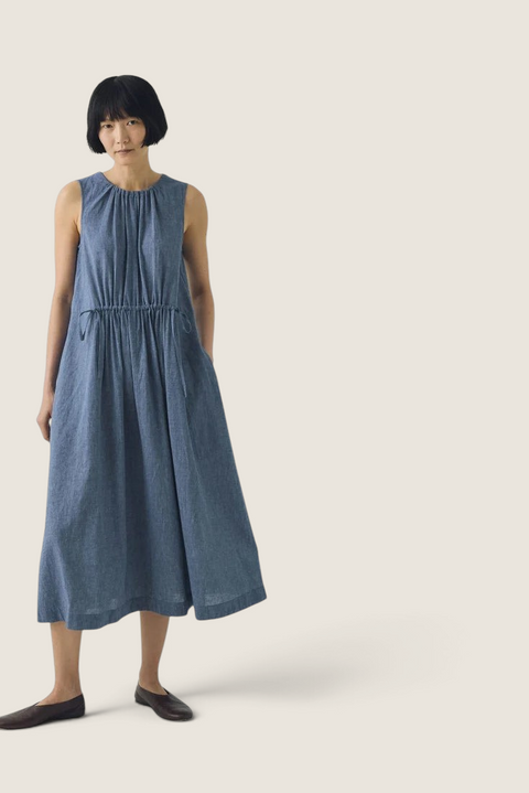 Bolina TOAST Martha dress in chambray blue organic cotton and linen blend with adjustable waist and side pockets