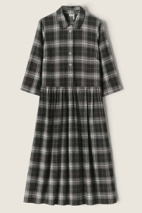 Bolina TOAST charcoal and ecru check cotton cashmere shirt dress with a dropped waist and button-down front.