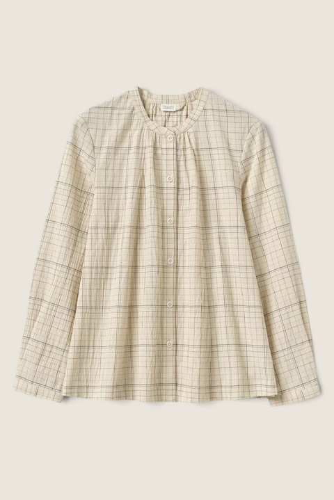 Bolina TOAST ecru and black check organic cotton swingy shirt with a stand collar and button-down front.