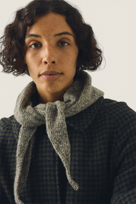 Bolina TOAST Donegal Merino bandana scarf in stone grey speckled wool worn tied around the neck