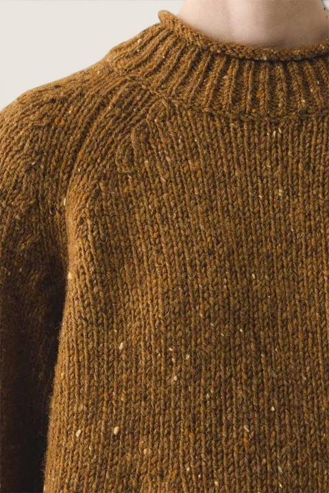 Bolina TOAST Orla Donegal wool sweater in straw yellow with a textured knit, raglan sleeves, and rolled crew neck.