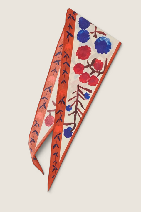 Bolina TOAST triangular cotton bandana with a painterly cobalt blue and red flower crown print and hemmed edges.