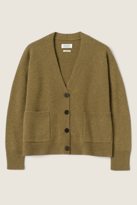 Bolina Toast Ffion boxy cardigan in golden pear wool and cashmere blend with V-neck and front patch pockets