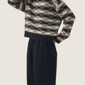 Bolina TOAST navy and ecru jacquard wool sweater with graphic stripes, dropped shoulders, and ribbed trim.