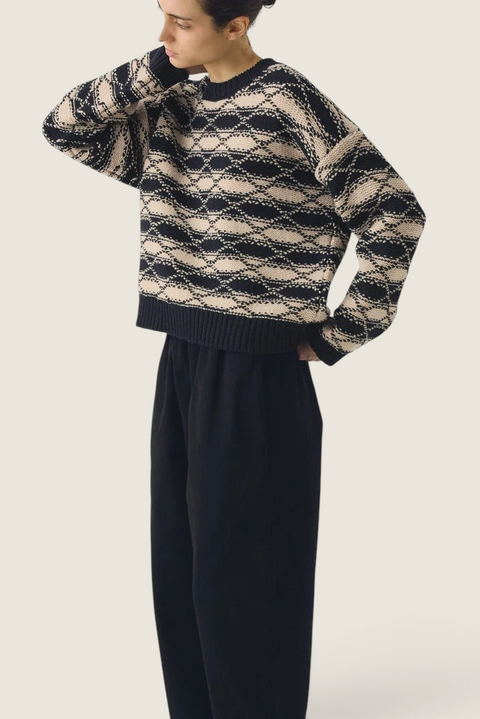 Bolina TOAST navy and ecru jacquard wool sweater with graphic stripes, dropped shoulders, and ribbed trim.
