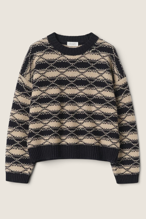 Bolina TOAST navy and ecru jacquard wool sweater with graphic diamond stripes, dropped shoulders, and ribbed trim.