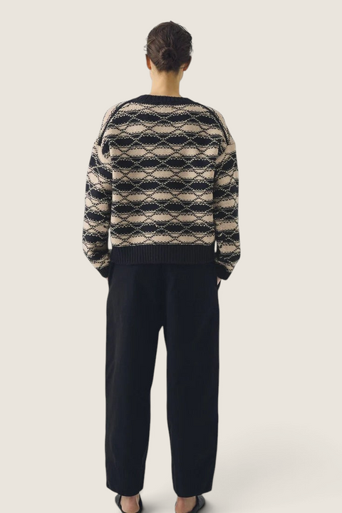 Bolina TOAST navy and ecru jacquard wool sweater with graphic stripes, drop shoulders, and ribbed trim, back view.