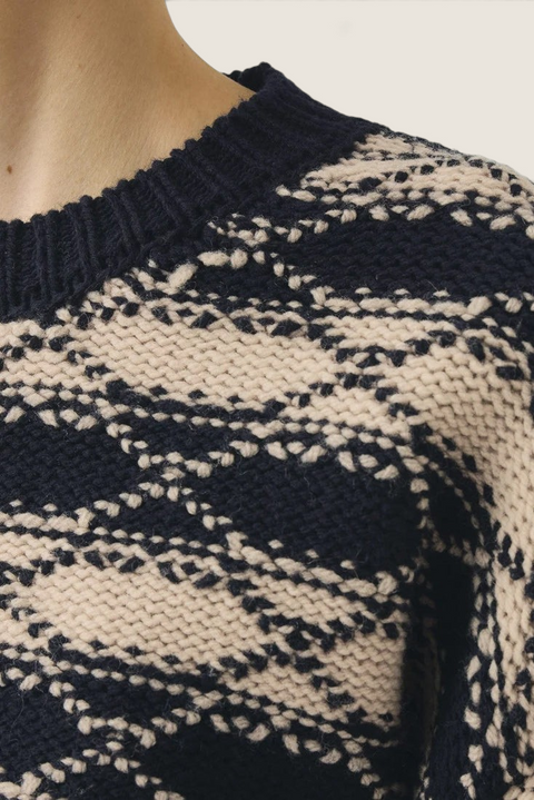 Bolina TOAST navy and ecru wool jacquard knit sweater with graphic stripe pattern and ribbed crew neck detail
