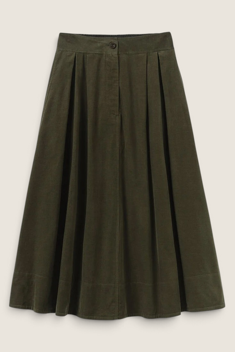 Bolina TOAST seaweed green A-line needlecord cotton skirt with deep front pleats and elasticated back waistband