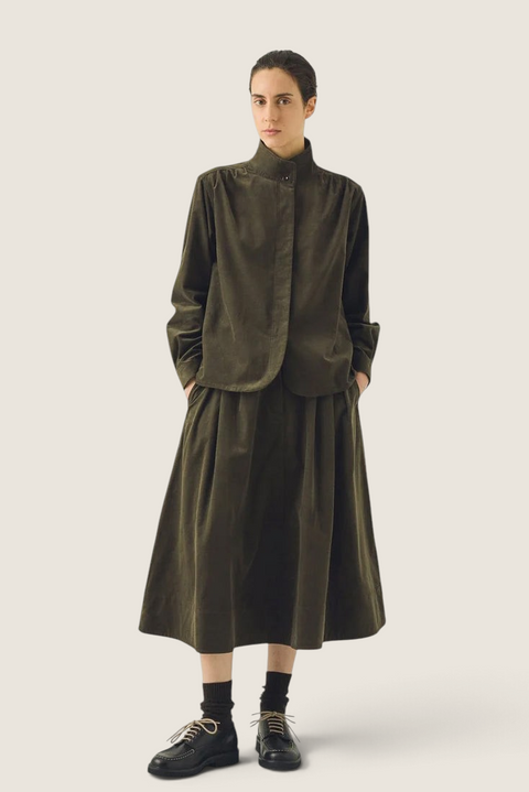 Bolina TOAST seaweed green A-line needlecord skirt in organic cotton with deep front pleats and side pockets