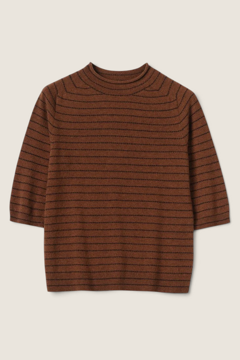 Bolina TOAST striped sweater in russet brown merino wool and cashmere blend with a mock neck and half sleeves.