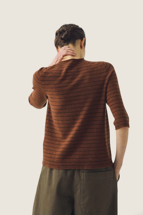 Bolina TOAST brown and russet striped half-sleeve sweater in a soft merino wool and cashmere blend, back view.