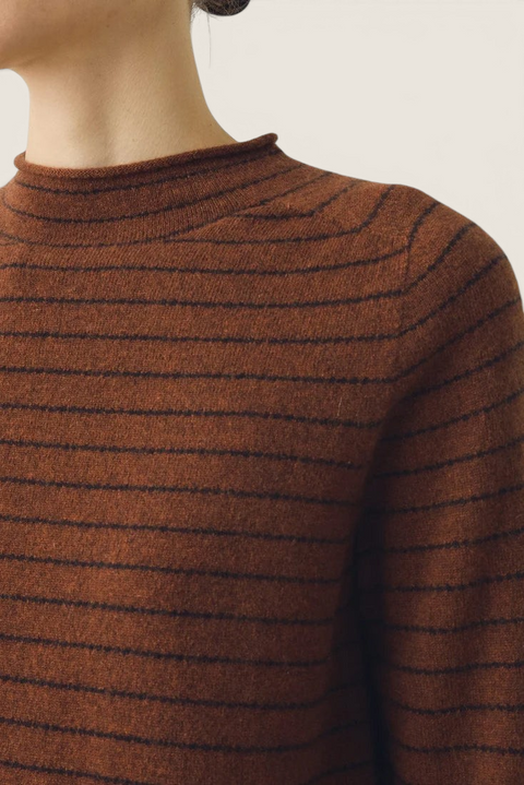 Bolina TOAST brown and russet fine striped sweater in soft merino wool and cashmere blend with a high mock neck.