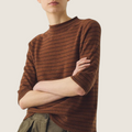 Bolina TOAST brown and russet striped half-sleeve sweater in merino wool and cashmere blend with a high mock neck.