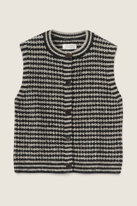 Bolina TOAST striped buttoned tank vest in flax and charcoal Donegal merino wool with a round neck and ribbed edges.