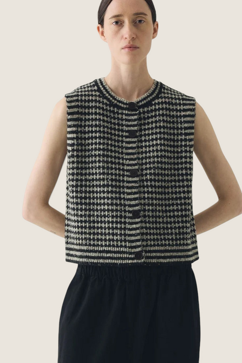 Bolina TOAST striped Donegal merino wool buttoned tank vest in flax and charcoal with a round neck and ribbed trim.