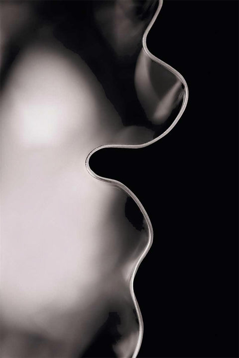 Bolina Tydra bowl in mirror polished stainless steel with a wavy, organic silhouette reflecting light.