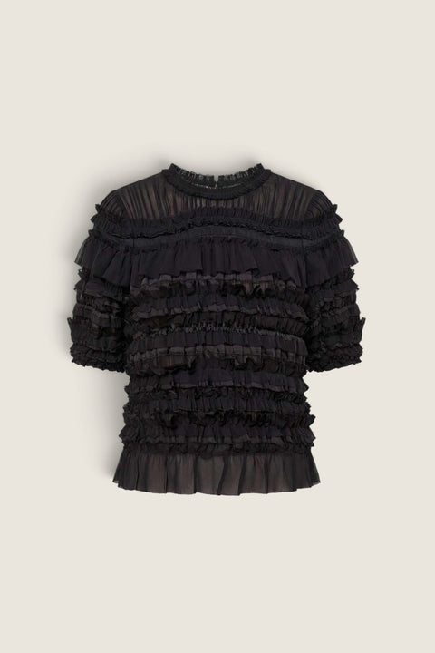 Bolina Ulla Johnson black silk crinkle chiffon top with short sleeves, layered ruffles, and textured pleated details.