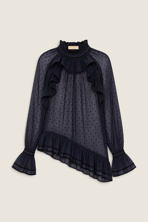 Bolina Ulla Johnson Marcella long sleeve cotton blouse in dark nightfall blue with ruffles and velvet trim details.