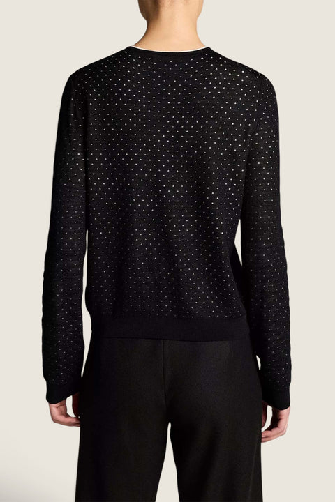 Bolina Vince black cardigan with off-white dot motif, crew neck, and long sleeves, shown from the back.