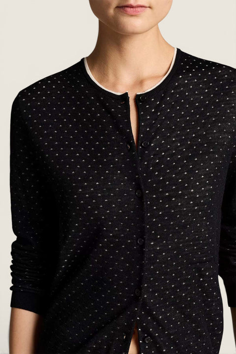 Bolina Vince black cardigan with off-white dot motif, crew neck, and button-down front on a model