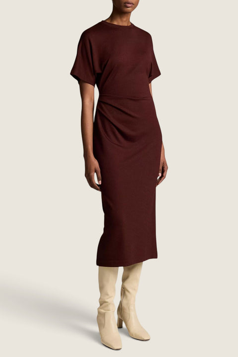 Bolina Vince black rose midi knit dress with short dolman sleeves and side ruching worn with cream boots