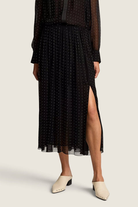 Bolina Vince black sheer chiffon midi skirt with white heat set dots, gathered waist, and side slit