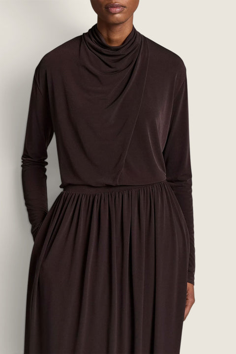 Bolina Vince long-sleeve draped cowl neck blouse in smoked truffle brown with a soft, feminine silhouette.