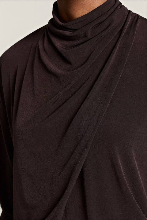Bolina Vince long sleeve draped cowl neck blouse in a dark brown smoked truffle colour with soft fabric texture.