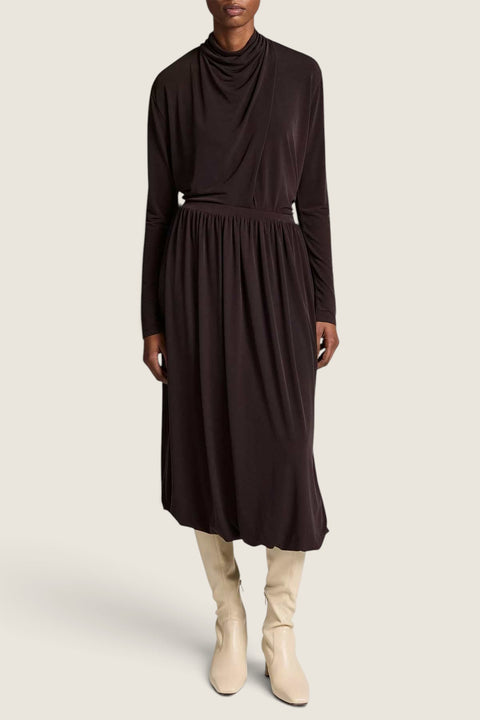 Bolina Vince long sleeve draped cowl neck blouse in smoked truffle brown paired with a matching midi skirt