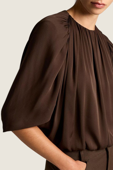 Bolina Vince gathered cape bubble blouse in pinewood green with a subtle sheen and elegant draped sleeves.