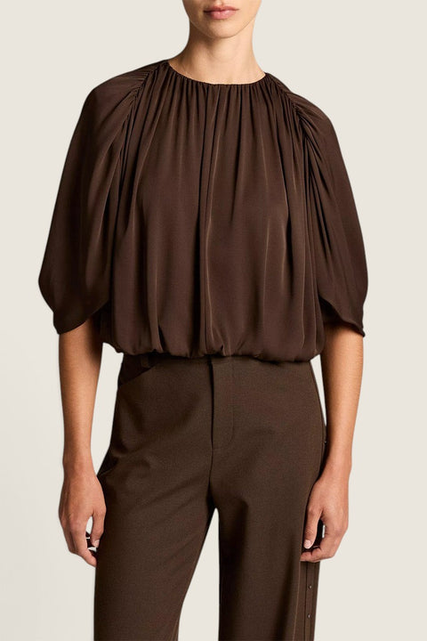 Bolina Vince gathered cape bubble blouse in deep pinewood green with a subtle sheen and voluminous sleeves.