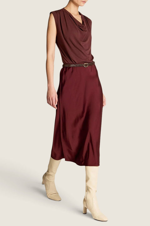 Bolina Vince matte satin slip skirt in black rose, featuring an elastic waistband and elegant midi length drape.