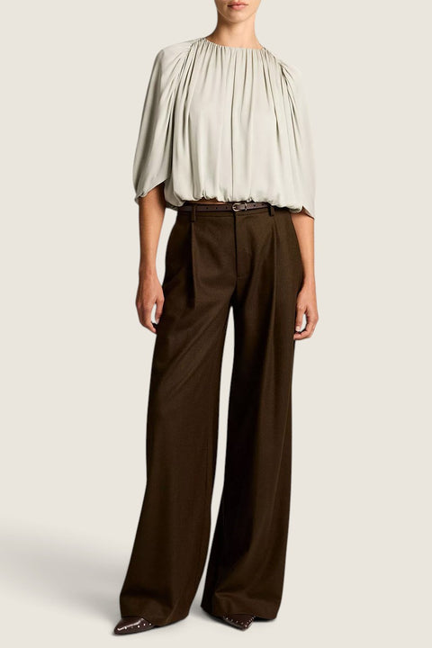 Bolina Vince stone sage gathered cape bubble blouse with wide sleeves worn with dark brown wide-leg trousers