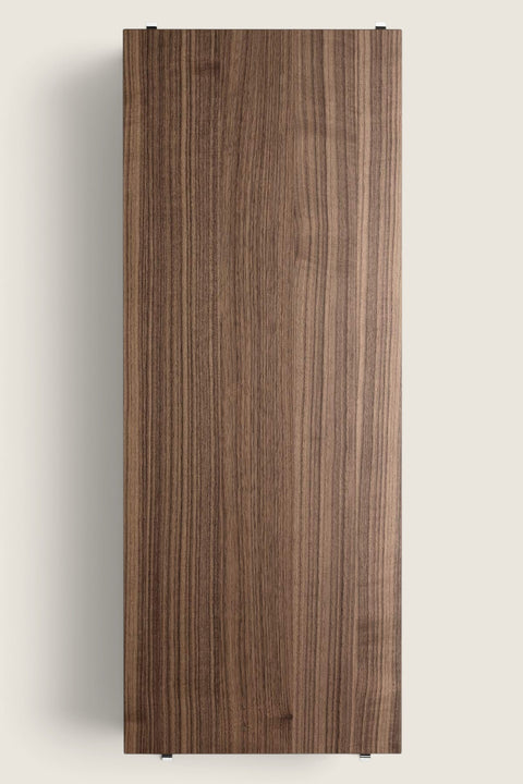 Bolina String System walnut veneer shelf board for modular wall storage, 78x30 cm, clear lacquered finish.