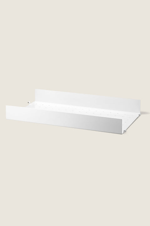 Bolina white powder-coated steel shelf with high edges and perforated base for String System shelving